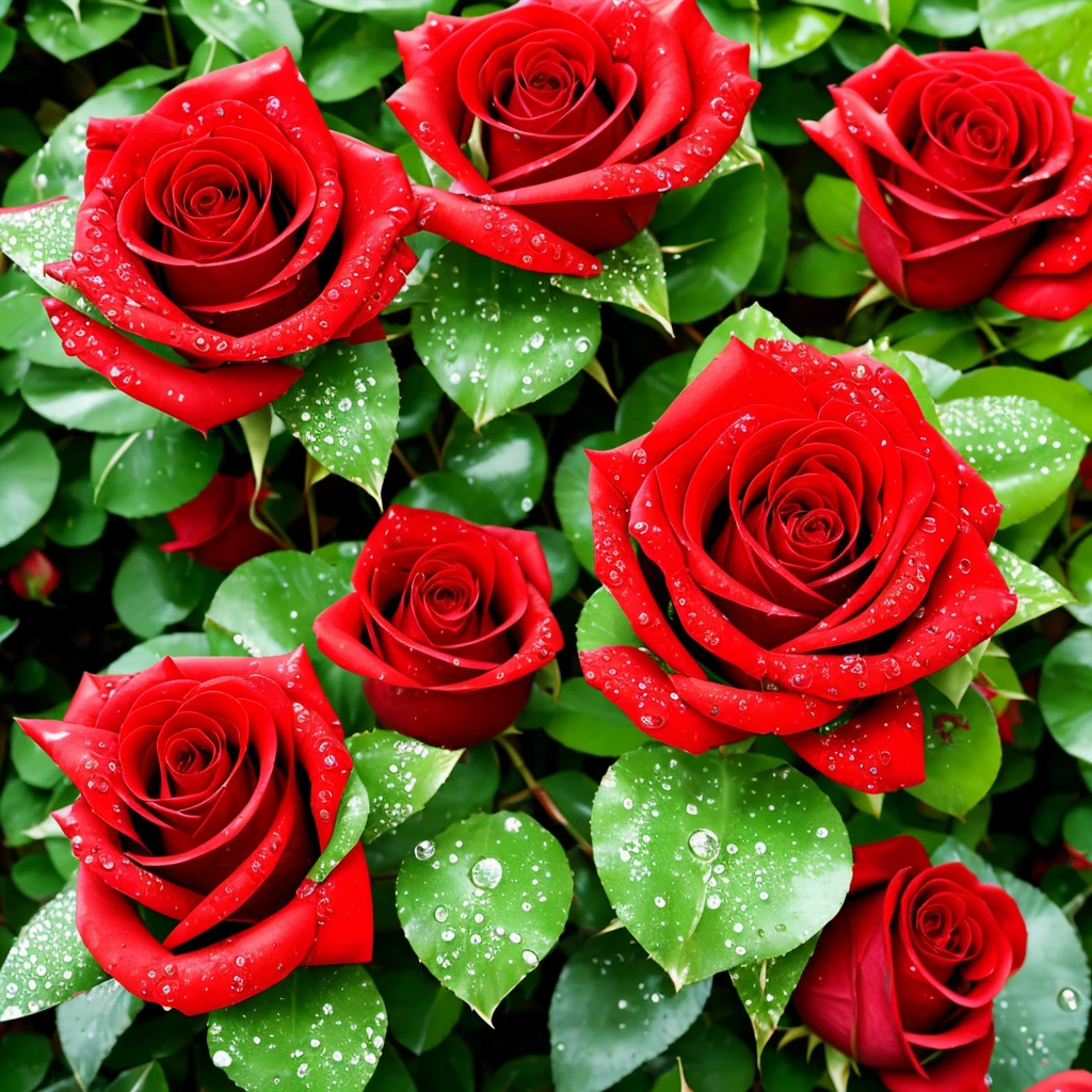 two red roses with water droplets on them sitting on a plant, rosses, red and green, green and red, green and red tones, beautiful detail and color, red green, red and green tones, roses, crimson rain sought flower, beautiful deep colors, vibrant red and green colours, beautiful!!!!!!!!!, beautiful nature, decorative roses, magical colorful flowers