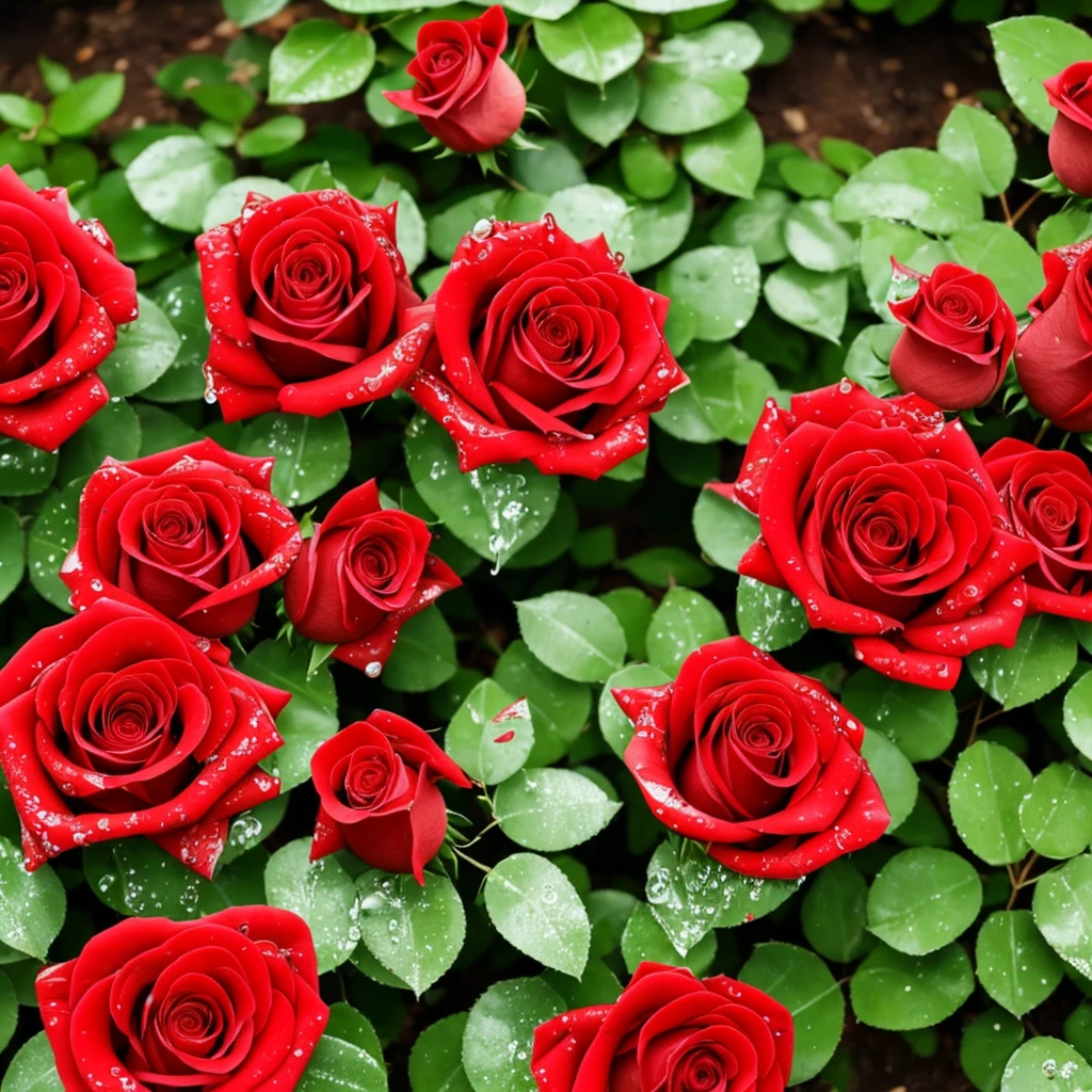 two red roses with water droplets on them sitting on a plant, a photorealistic painting by Eugene Leroy, pixabay, romanticism, rosses, red and green, green and red, beautiful detail and color, green and red tones, red green, red and green tones, roses, crimson rain sought flower, vibrant red and green colours, beautiful deep colors
