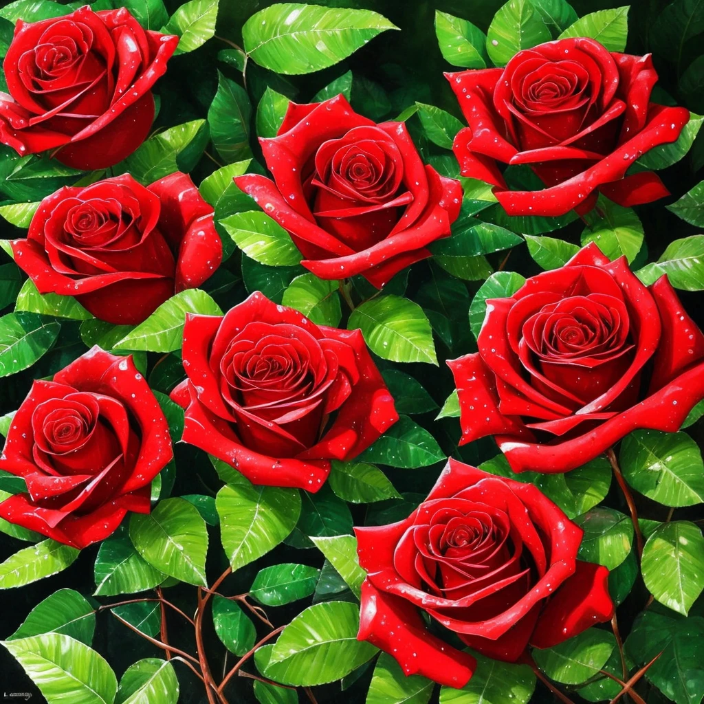 two red roses with water droplets on them sitting on a plant, a photorealistic painting by Eugene Leroy, pixabay, romanticism, rosses, red and green, green and red, beautiful detail and color, green and red tones, red green, red and green tones, roses, crimson rain sought flower, vibrant red and green colours, beautiful deep colors