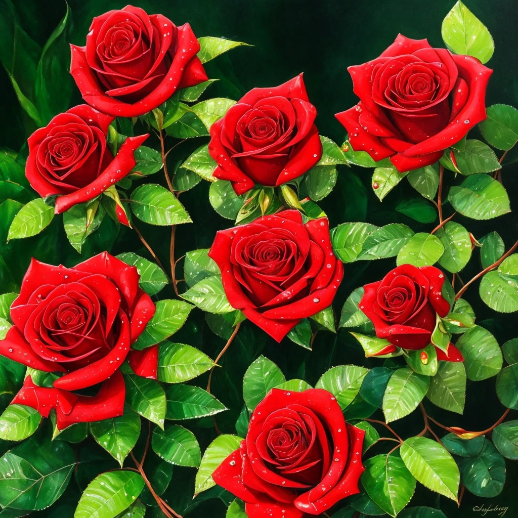 two red roses with water droplets on them sitting on a plant, a photorealistic painting by Eugene Leroy, pixabay, romanticism, rosses, red and green, green and red, beautiful detail and color, green and red tones, red green, red and green tones, roses, crimson rain sought flower, vibrant red and green colours, beautiful deep colors