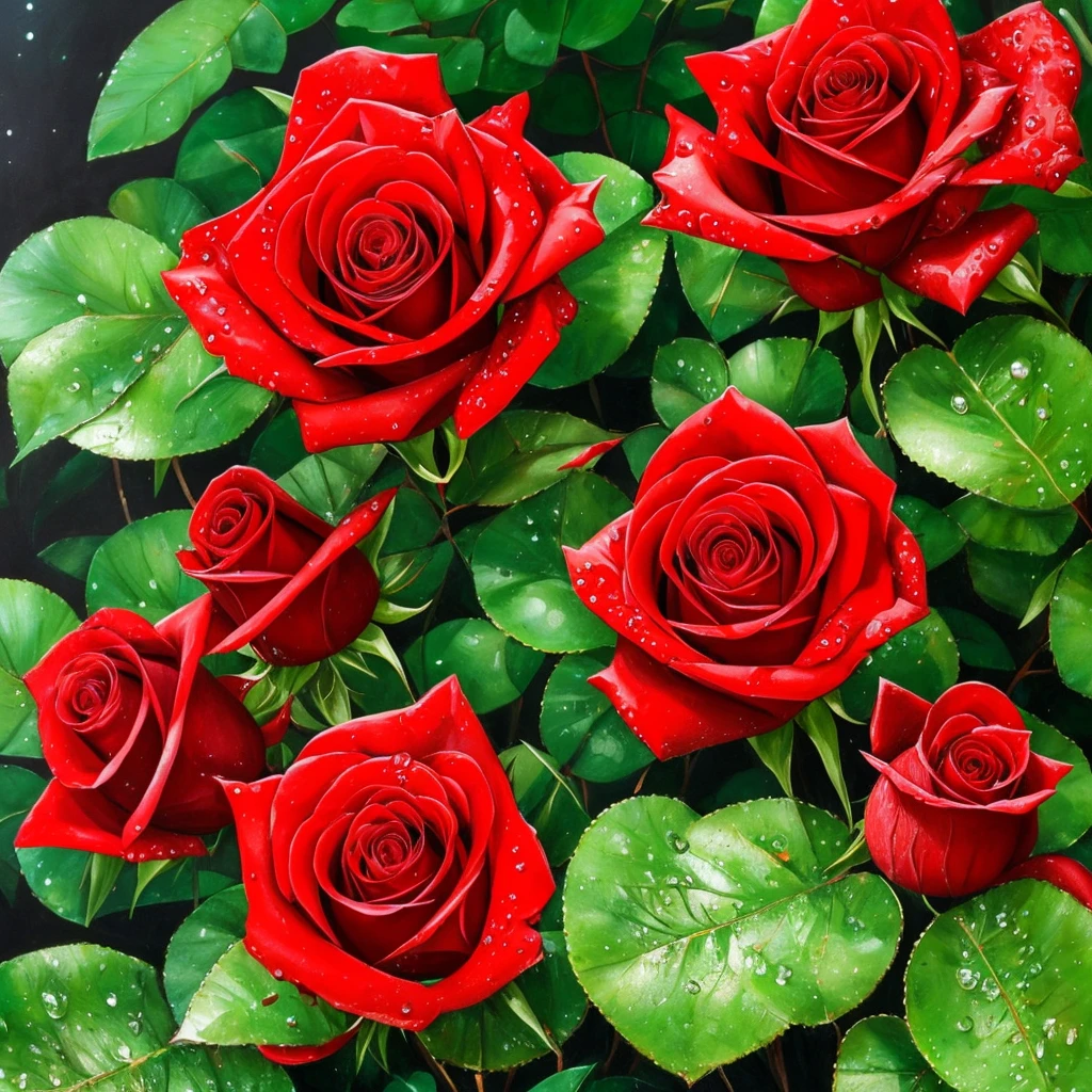 two red roses with water droplets on them sitting on a plant, a photorealistic painting by Eugene Leroy, pixabay, romanticism, rosses, red and green, green and red, beautiful detail and color, green and red tones, red green, red and green tones, roses, crimson rain sought flower, vibrant red and green colours, beautiful deep colors