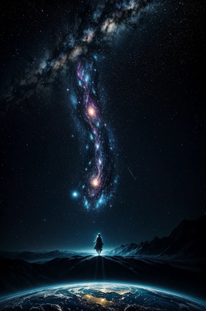 a person floating in a starry night sky, surrounded by celestial light and aura energy, spiritual projection, spiritual dimension, detailed cosmic landscape, cinematic lighting, vibrant colors, dramatic composition, photorealistic, highly detailed, masterpiece
