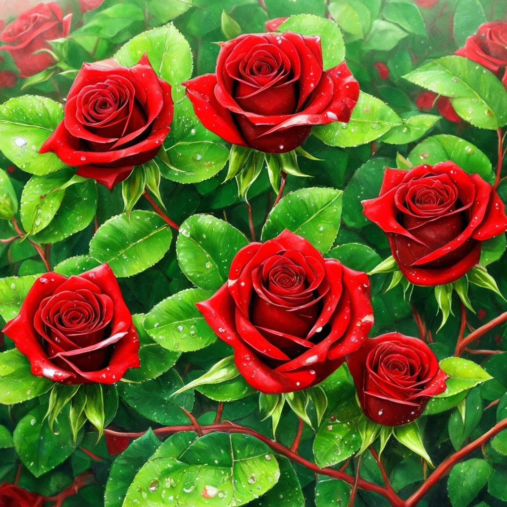 two red roses with water droplets on them sitting on a plant, a photorealistic painting by Eugene Leroy, pixabay, romanticism, rosses, red and green, green and red, beautiful detail and color, green and red tones, red green, red and green tones, roses, crimson rain sought flower, vibrant red and green colours, beautiful deep colors