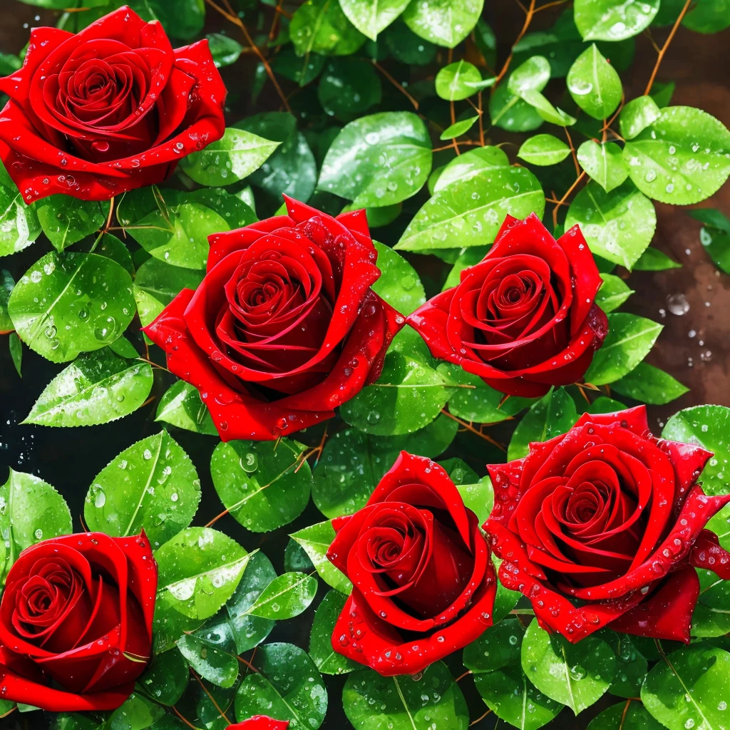two red roses with water droplets on them sitting on a plant, a photorealistic painting by Eugene Leroy, pixabay, romanticism, rosses, red and green, green and red, beautiful detail and color, green and red tones, red green, red and green tones, roses, crimson rain sought flower, vibrant red and green colours, beautiful deep colors