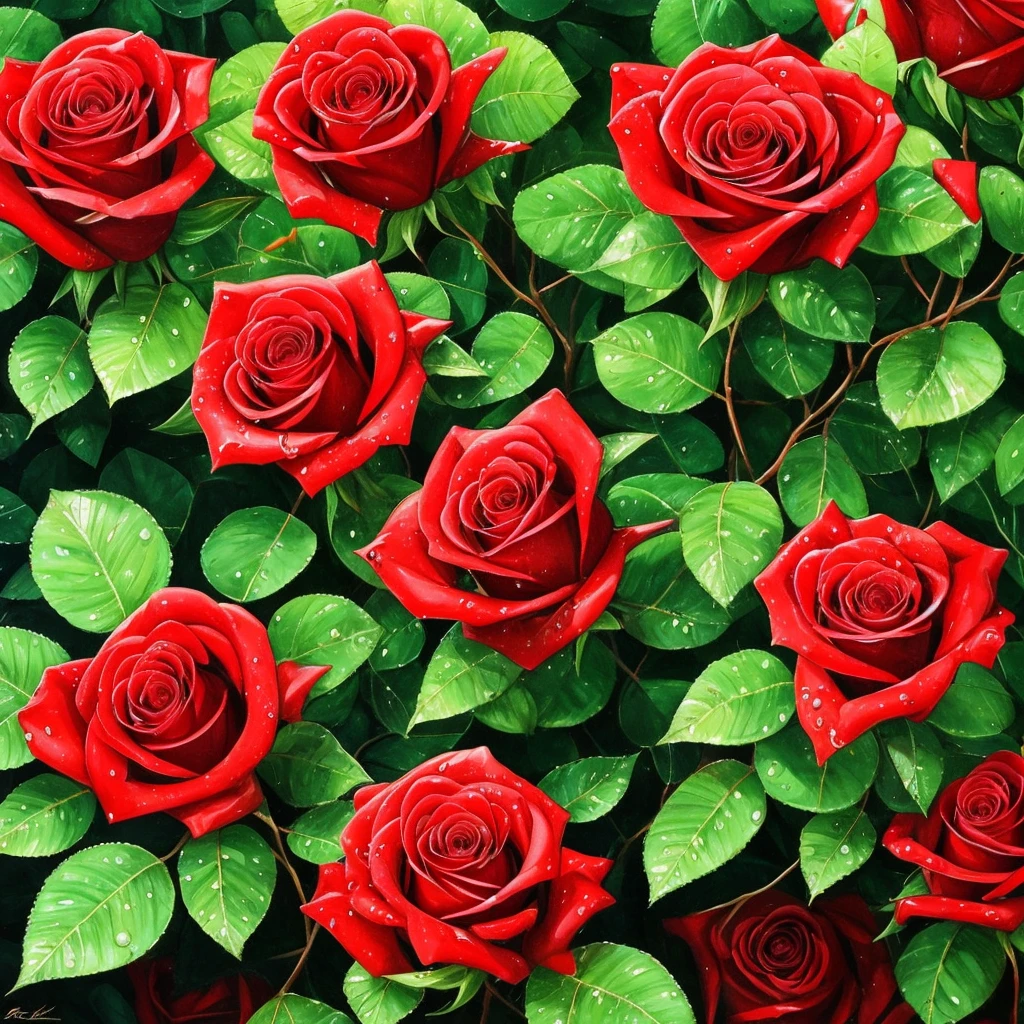 two red roses with water droplets on them sitting on a plant, a photorealistic painting by Eugene Leroy, pixabay, romanticism, rosses, red and green, green and red, beautiful detail and color, green and red tones, red green, red and green tones, roses, crimson rain sought flower, vibrant red and green colours, beautiful deep colors