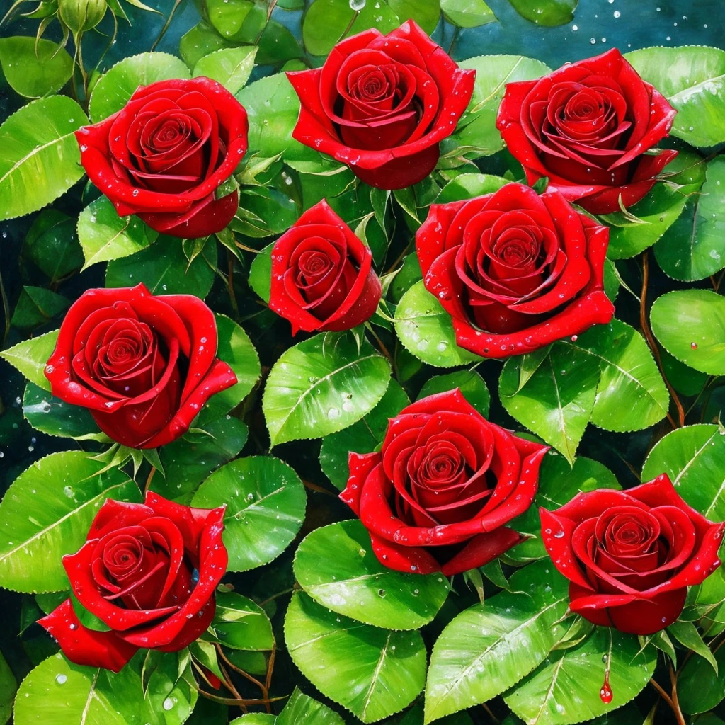 two red roses with water droplets on them sitting on a plant, a photorealistic painting by Eugene Leroy, pixabay, romanticism, rosses, red and green, green and red, beautiful detail and color, green and red tones, red green, red and green tones, roses, crimson rain sought flower, vibrant red and green colours, beautiful deep colors
