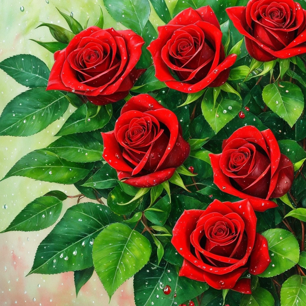 two red roses with water droplets on them sitting on a plant, a photorealistic painting by Eugene Leroy, pixabay, romanticism, rosses, red and green, green and red, beautiful detail and color, green and red tones, red green, red and green tones, roses, crimson rain sought flower, vibrant red and green colours, beautiful deep colors