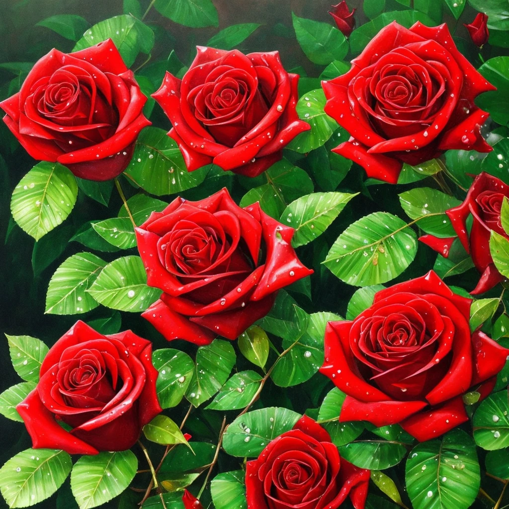 two red roses with water droplets on them sitting on a plant, a photorealistic painting by Eugene Leroy, pixabay, romanticism, rosses, red and green, green and red, beautiful detail and color, green and red tones, red green, red and green tones, roses, crimson rain sought flower, vibrant red and green colours, beautiful deep colors