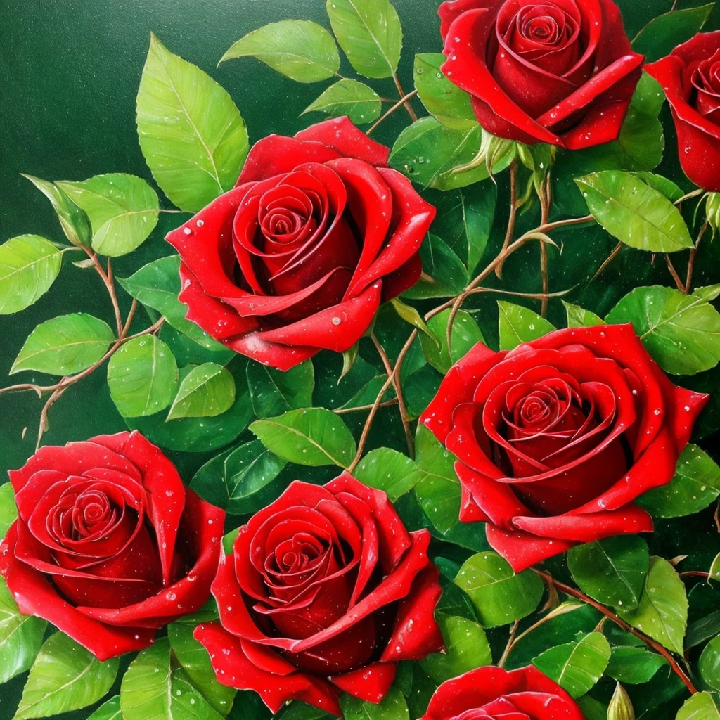 two red roses with water droplets on them sitting on a plant, a photorealistic painting by Eugene Leroy, pixabay, romanticism, rosses, red and green, green and red, beautiful detail and color, green and red tones, red green, red and green tones, roses, crimson rain sought flower, vibrant red and green colours, beautiful deep colors