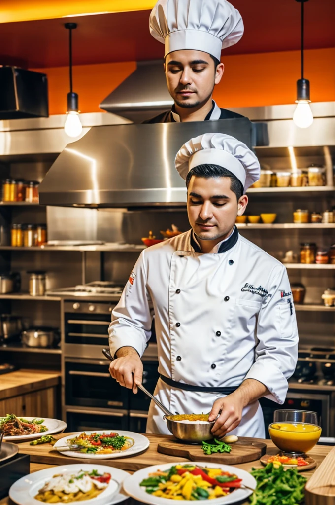 A professional chef with whole costume cooking in a colorful restaurant