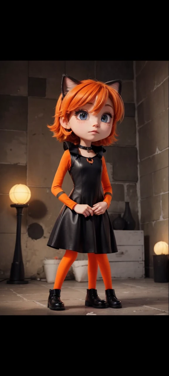 An orange pop singer feline with black stripes singing a sad song in her all black dress in a sad setting