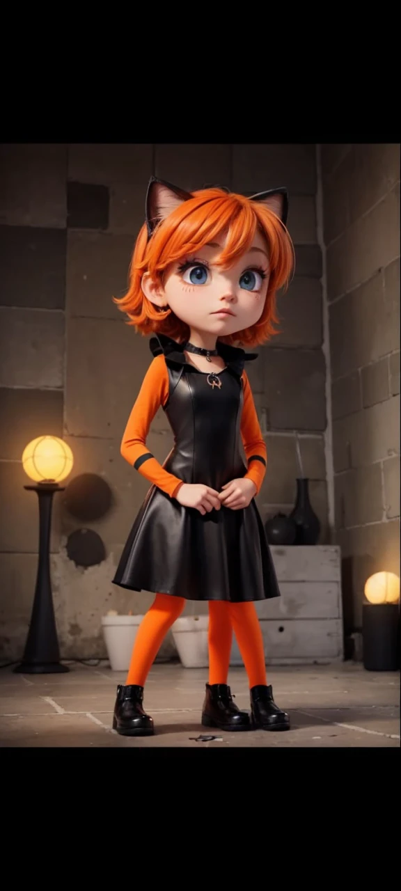 An orange pop singer feline with black stripes singing a sad song in her all black dress in a sad setting
