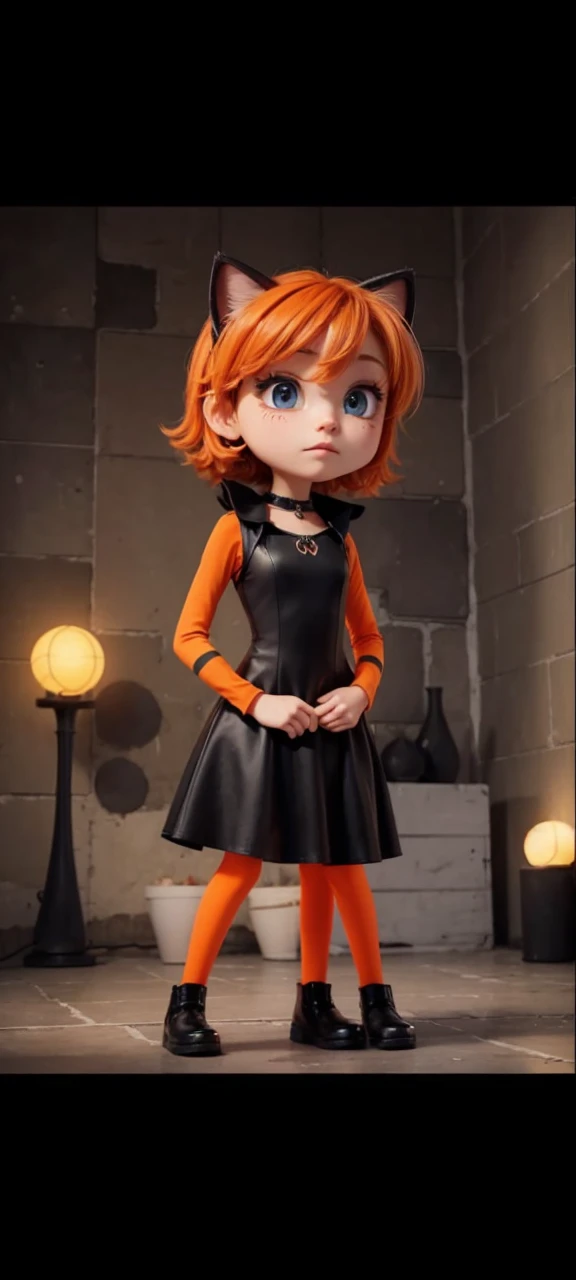 An orange pop singer feline with black stripes singing a sad song in her all black dress in a sad setting