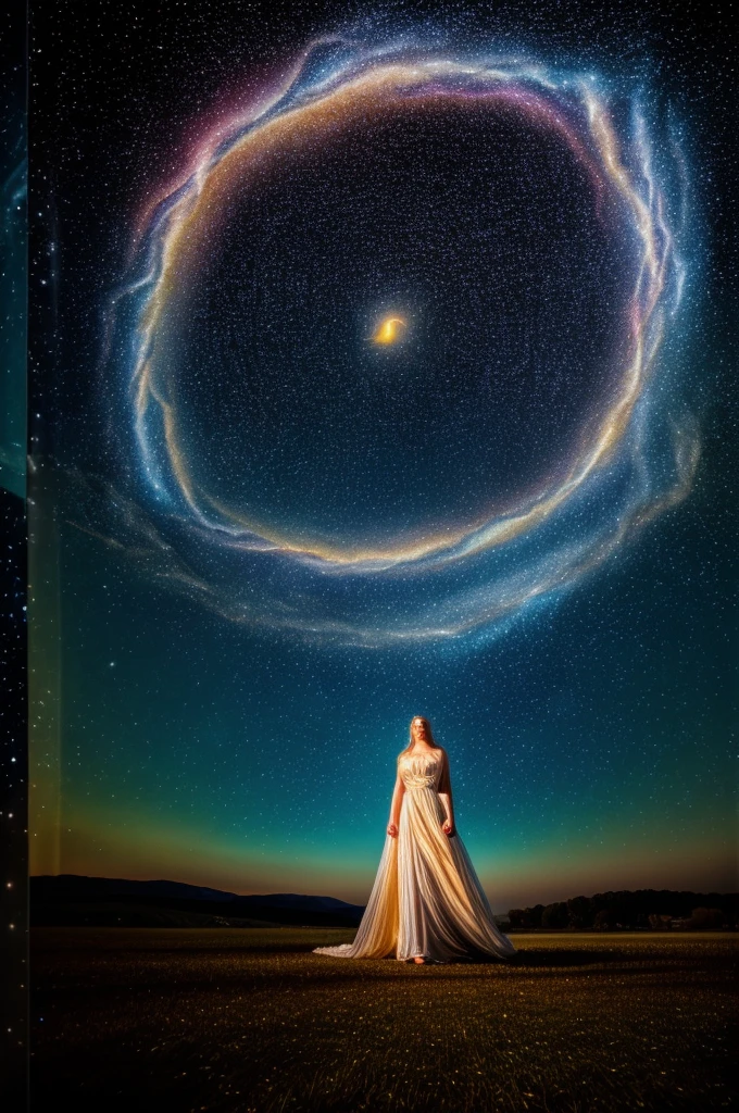 a person floating in a starry night sky, surrounded by celestial light and aura energy, spiritual projection, spiritual dimension, detailed cosmic landscape, cinematic lighting, vibrant colors, dramatic composition, photorealistic, highly detailed, masterpiece