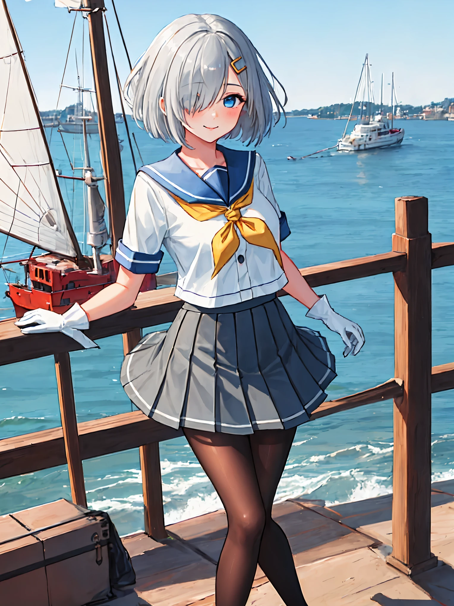 best quality, masterpiece, highres, solo, {hamakaze_kantaicollection:0.90}, 1girl, black_pantyhose, pleated_skirt, serafuku, short_sleeves, simple_background, white_background, yellow_neckerchief, white_gloves, looking_at_viewer, grey_skirt, blush, eyes_visible_through_hair, blue_sailor_collar, dynamic_posing,long_bangs,hair_over_one_eye,harbor_school_landscape_background,outdoor,smile,