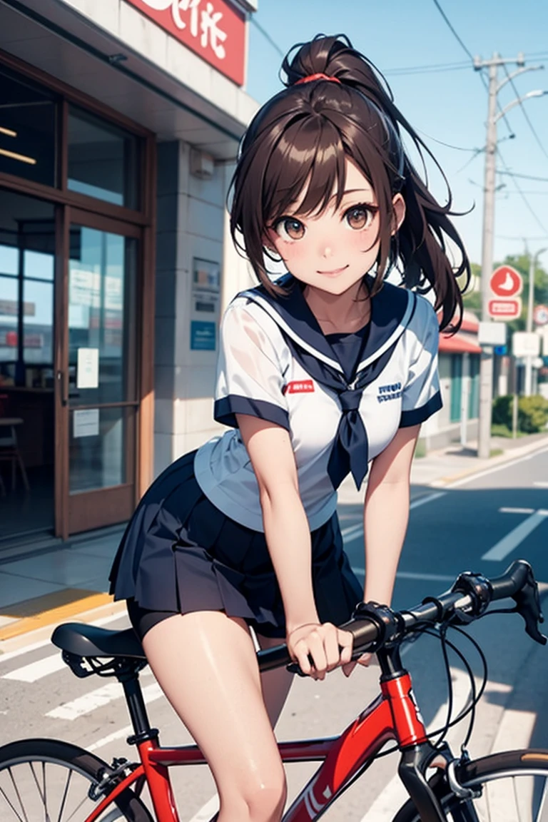 Shiny brown hair, ponytail, Beautiful brown eyes、smile、Sparkling eyes, (fine grain)、Very fine eye、Highly detailed face, Highly detailed eyes,
Short-sleeved white sailor suit、Navy blue mini pleated skirt、Very short mini skirt、Bare thighs、((The perfect bike))
(masterpiece, Highest quality:1.2), reality、(One Girl Riding a Bicycle), alone、high school girl、、(NO BAG)、(whole)、(From diagonally ahead)、Seaside Road