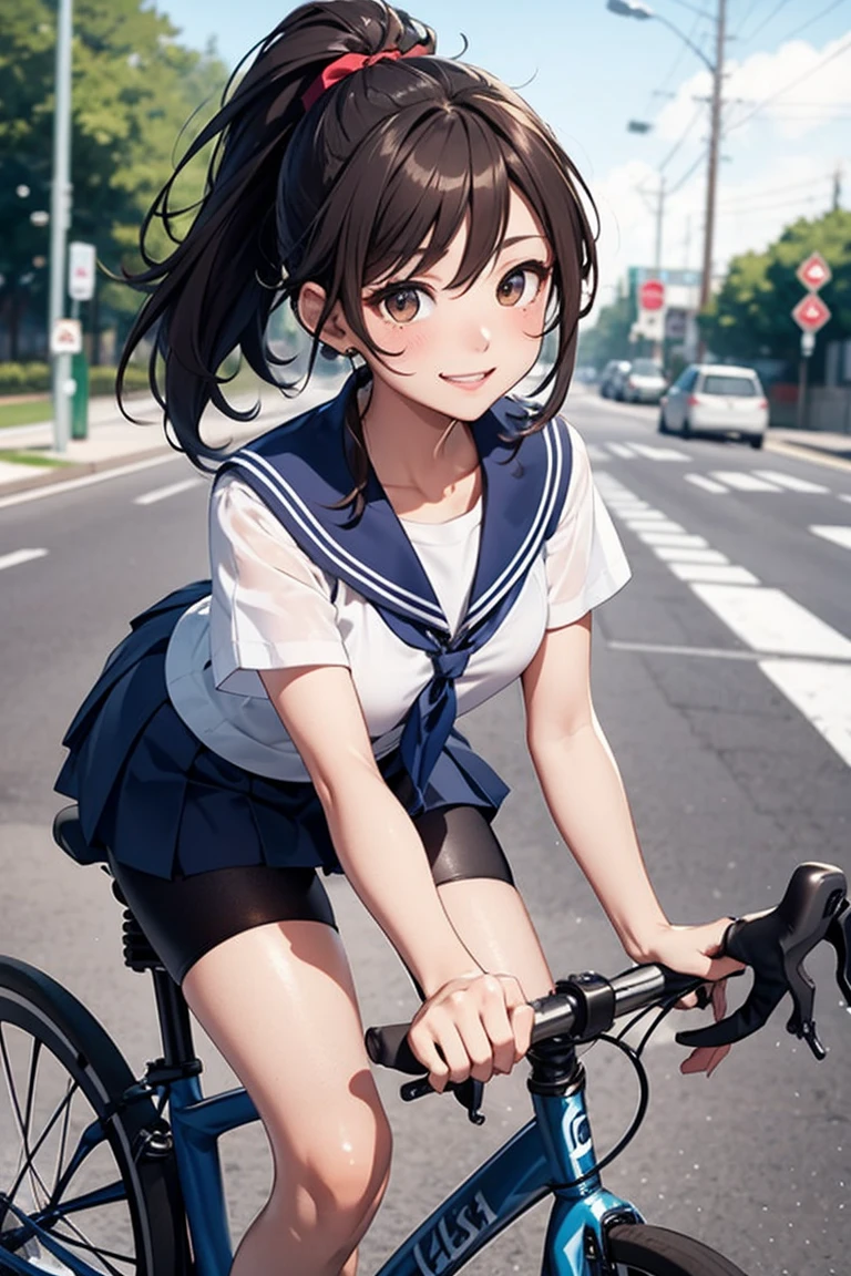 Shiny brown hair, ponytail, Beautiful brown eyes、smile、Sparkling eyes, (fine grain)、Very fine eye、Highly detailed face, Highly detailed eyes,

Short-sleeved white sailor suit、Navy blue mini pleated skirt、Very short mini skirt、Bare thighs、((The perfect bike))

(masterpiece, Highest quality:1.2), reality、(One Girl Riding a Bicycle), alone、high school girl、、(NO BAG)、(whole)、(From diagonally ahead)、Seaside Road