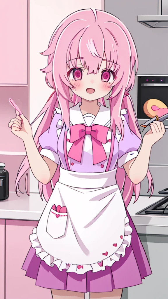 (1girl in、solo、Laugh、Cooking in the kitchen holding the a plate with donut) pink hair, pink eyes with love, detailed eyes, straight hair, straight bangs, shiny hair,
,red bowtie,purple skirt,purple shirt,pleated skirt,short sleeves, high-definition,masterpiece, best quality, slim waist, cute, sailor uniform, Wear an apron, (PastelColors: 1.3)