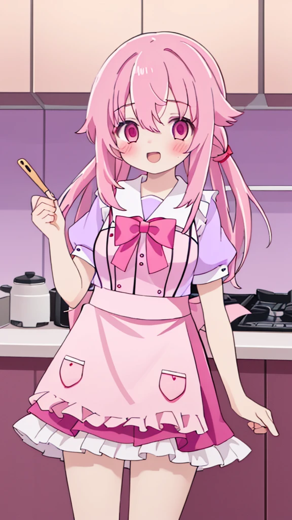 (1girl in、solo、Laugh、Cooking in the kitchen holding the a plate with donut) pink hair, pink eyes with love, detailed eyes, straight hair, straight bangs, shiny hair,
,red bowtie,purple skirt,purple shirt,pleated skirt,short sleeves, high-definition,masterpiece, best quality, slim waist, cute, sailor uniform, Wear an apron, (PastelColors: 1.3)