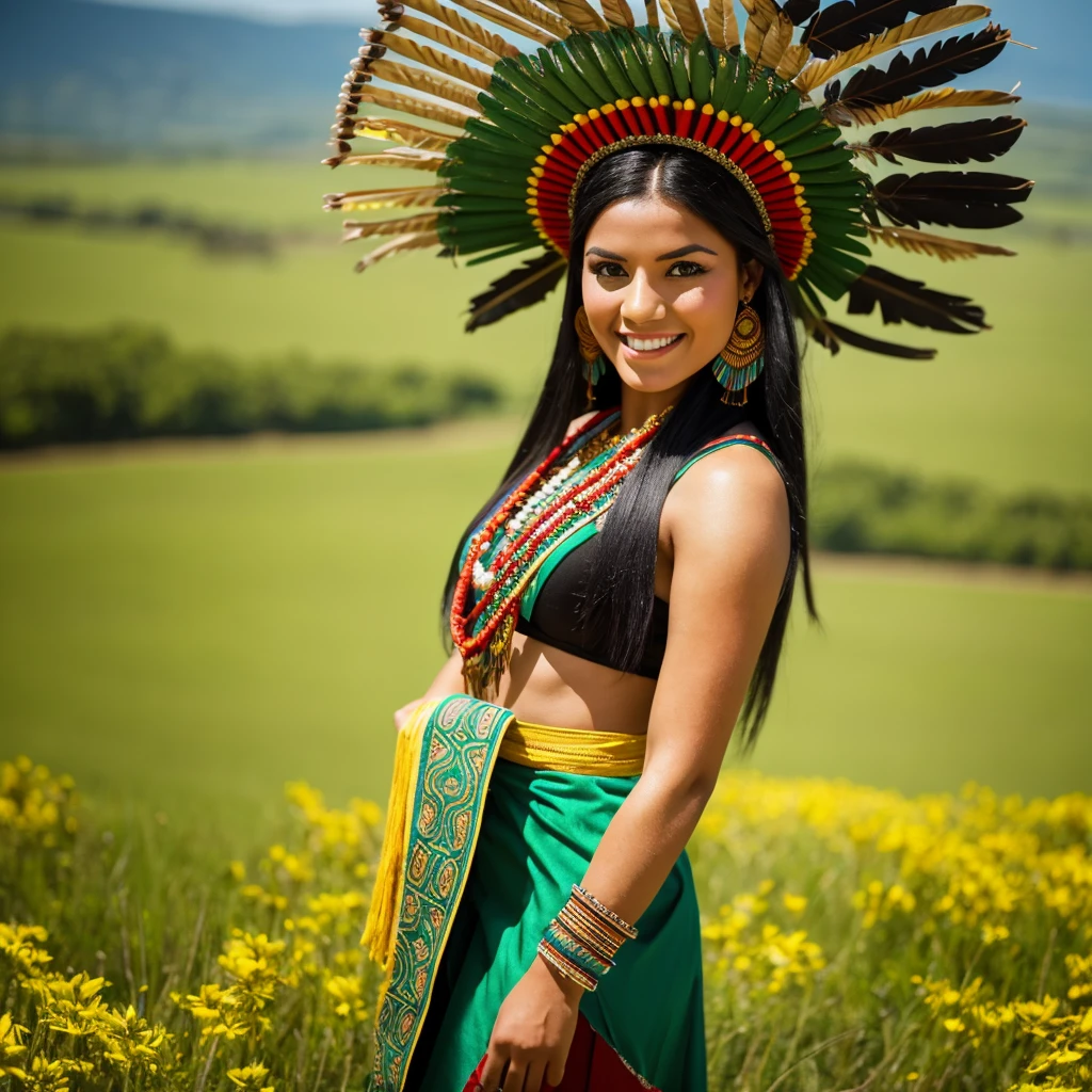 A photo of the face of a Native American woman, with green eyes, black hair, and a highly detailed Cherokee headdress adorning her head. She smiles towards the camera. She wears traditional and abbreviated indigenous clothing, showcasing her slender body. She is walking through a grassy plain with flowers. The photo captures the natural beauty and cultural richness of the Native American woman. The cinematic lighting highlights the intricate details of her headdress and brings out the depth of her green eyes, creating a captivating effect. The Unreal Engine ensures a photorealistic quality, making the image feel like a moment frozen in time. Her black hair contrasts beautifully with the vibrant colors of the headdress, adding to her striking appearance. Her traditional clothing reflects her cultural heritage and complements the natural setting of the grassy plain. The woman's smile exudes warmth and positivity, creating a connection with the viewer. Her slender body and traditional attire showcase her cultural identity and resilience. The natural setting of the grassy plain with flowers provides a picturesque backdrop, adding to the authenticity of the scene. The camera chosen for this photo captures the intricate details of her expression and attire. The result is a visually engaging image that celebrates the woman's heritage and individuality, capturing her captivating appearance and cultural significance in a single frame. The combination of her unique features, traditional attire, and the natural surroundings make the photo exude a sense of cultural pride and harmony with nature