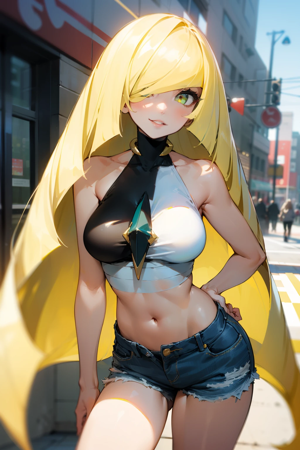 (Masterpiece), Best Quality, ultra-detailed, 1girl (lusamine, Slender and sexy body, Big and pretty breasts, blonde_hair, very long hair (hair over one eye:1.3), yellow eyes, half-closed  eyes), a  seductive face,  wicked smile, parted lips, solo, black leather jacket,  white tank_top, navel,  denim  short shorts, outdoors, street,  standing, Sexy waist teasing 