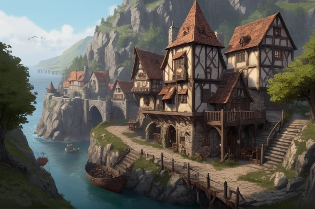 8k, masterpiece, best quality, realistic, higly detailed, landscape, dnd, d&d, dungeons and dragons, dungeons & dragons, rpg, ttrp, Ethereal plane, medieval town, built on a hill with a port on the downside, there's a great beautiful tavern the can see on distance