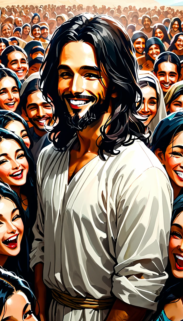 Sam Spratt Style, JESUS CHRIST HAPPY AND SMILING WITH CROWDS OF PEOPLE AROUND HIM