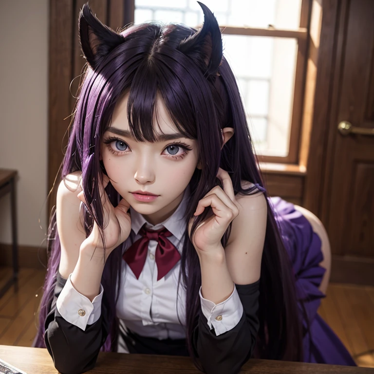 ((ultra realisitic)), ((picture-perfect)), ((face perfect)), ((ultra detaild)), ((fully body)), ((perfectbody)), succubus, High school girl, uniform seifuku, long purple hair, pointy ears, red cat eyes, demon girl with tail and horns in an empty classroom