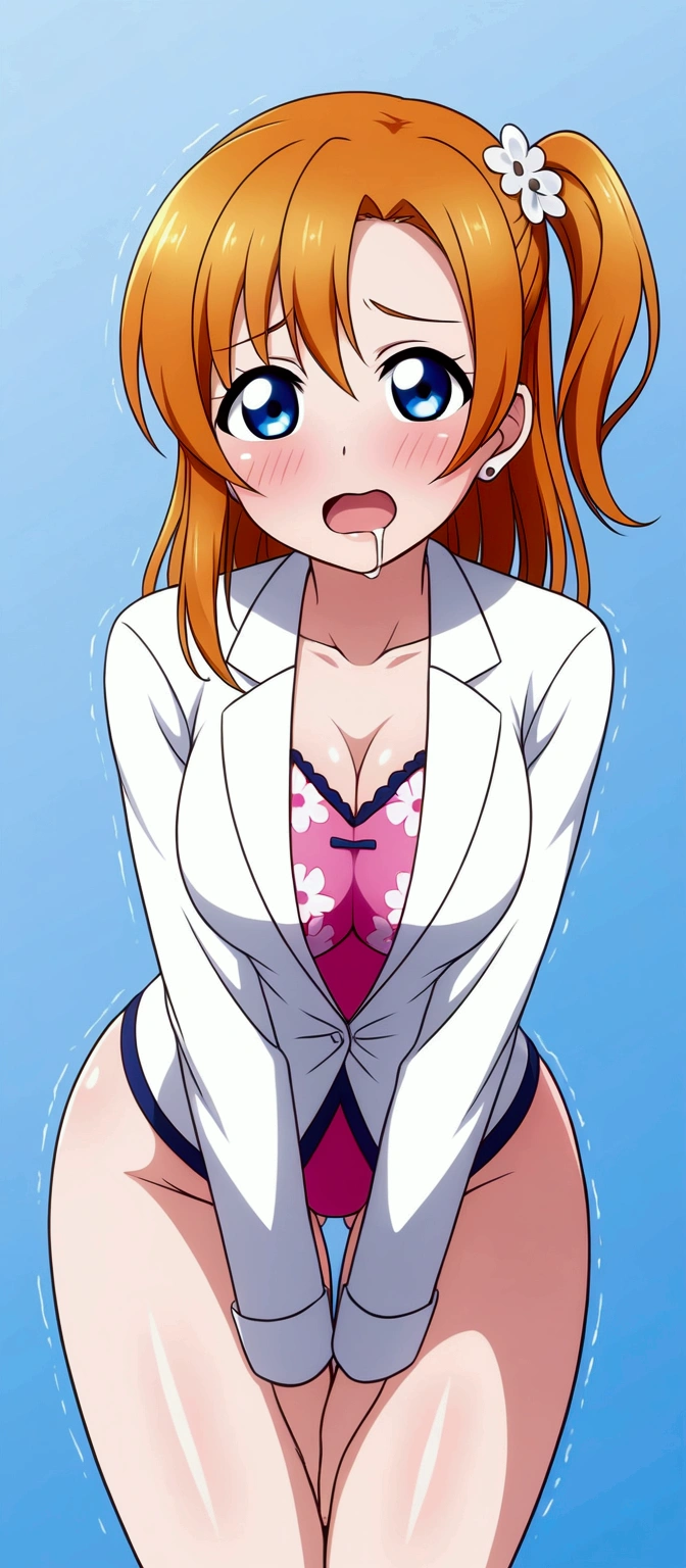 (Masterpiece, Best Quality, High Quality), professional artwork, well drawn, Intricate Details,solo,
Kousaka honoka, afternoon
, ultra detail hair, ultra detail face, perfect eyes,  earring,  Looking at Viewer, pink bodysuit , floral printed, thighs gap, orange hair , standing , sexy , moaning , blue eyes , front wedgie, embarrassed , hands between legs,v arms, shaking hips , leaning forward, drooling 