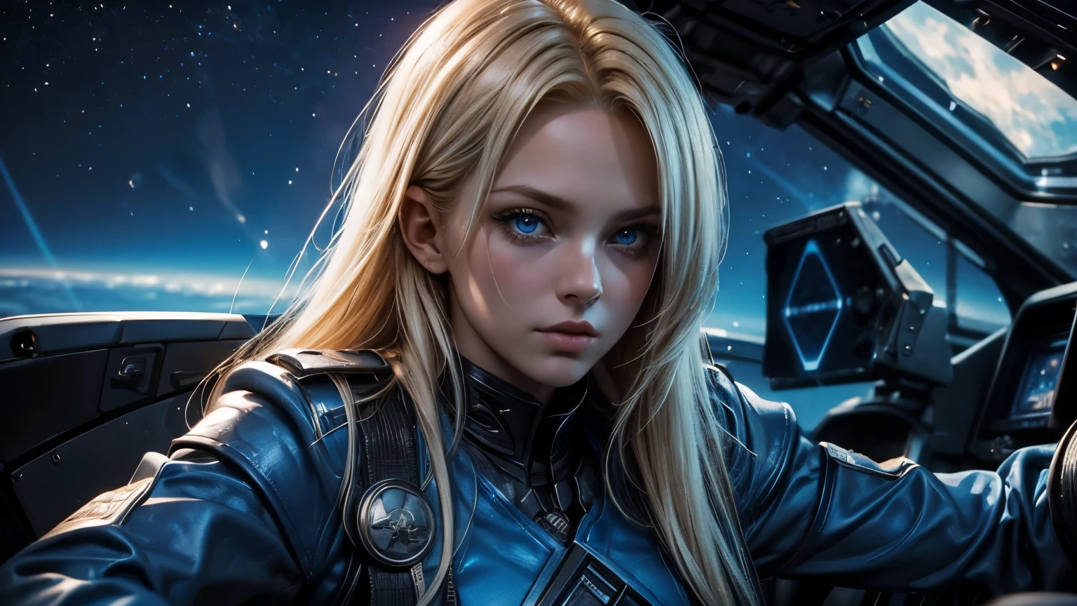 Upper body close-up image.A beautiful woman. Blonde hair and blue eyes. Early twenties. She is looking at the camera with a defiant expression. She wears a blue-black metallic battle uniform. She is sitting in the cockpit of a spaceship.