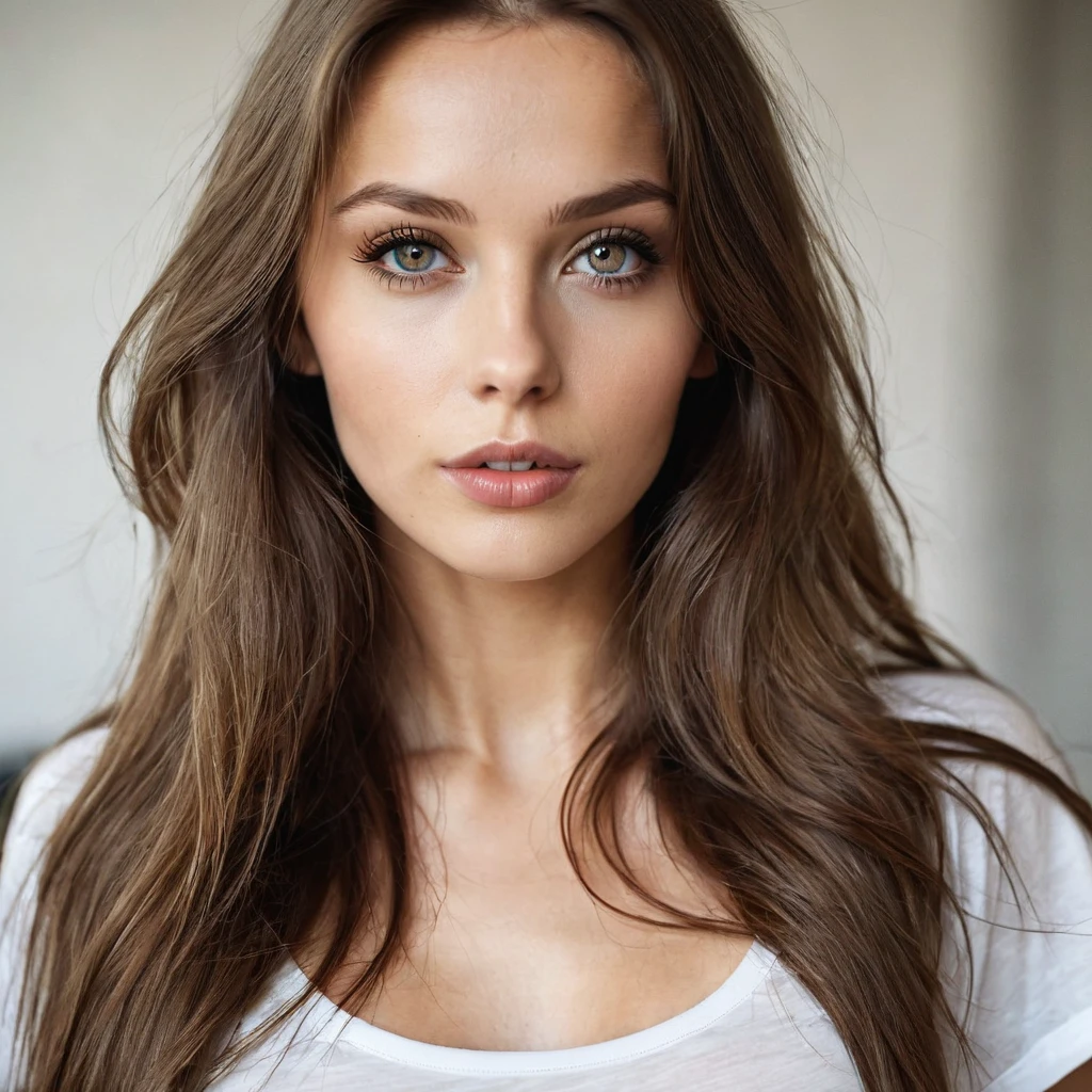 Beautiful woman from sweden, realistic eyes, realistic face, slim face, long brown hair, 25 years old, model, full lips, special camera angle, belly shirt