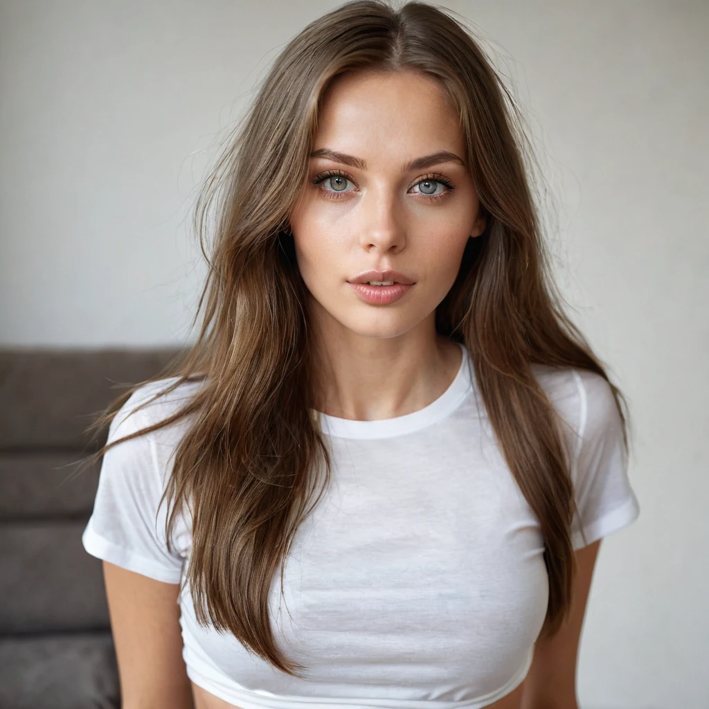 Beautiful woman from sweden, realistic eyes, realistic face, slim face, long brown hair, 25 years old, model, full lips, special camera angle, belly shirt