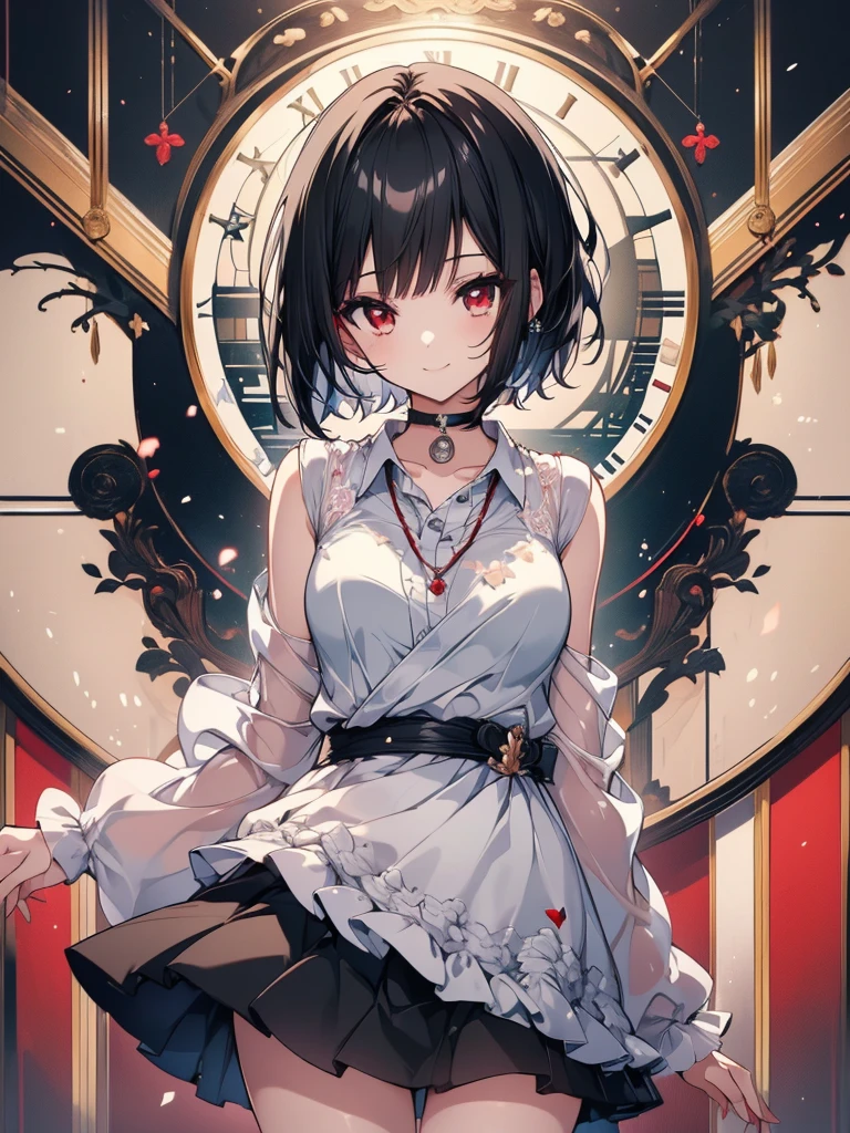 (masterpiece, highest quality, highest quality, (No text), Beautiful and aesthetic:1.2),No text,アニメ、BREAK,One Girl,Black Hair Girl short hair older sister choker Beautiful eyes Red eyes cool smile Red and Black one piece mini skirt whole body In town