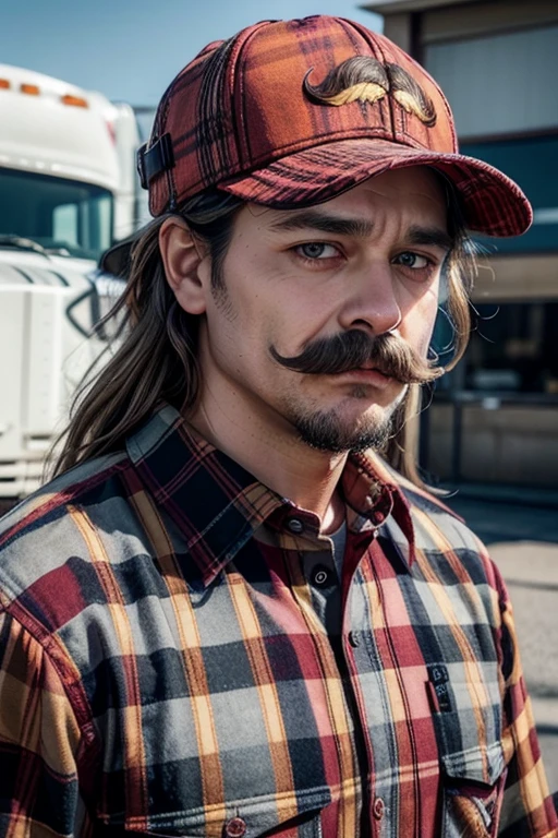 dwightschrute portrait photo of a trucker with a (mullet hair cutting:1.2) and (mustache:1.2) wearing baseball hat and (red plaid shirt:1.2), Parking with semi-trailers in the background., high quality, muand afilado, Professional photography 