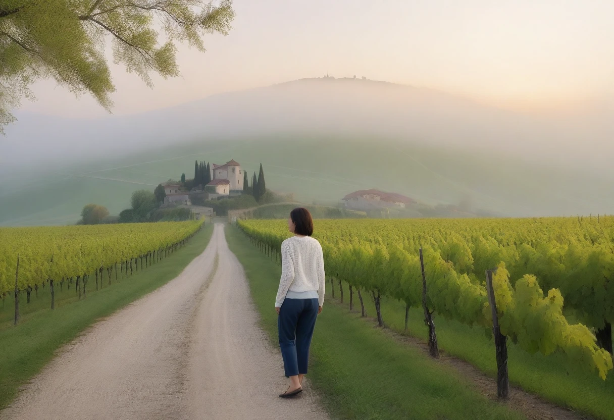 8k best picture quality, Beautiful 36-year-old Korean woman, Chest size 34 inches, northern italy countryside dawn, View of the cathedral next to the vineyards, The back background is realistic and vivid quality., short medium hair, white shirt and cardigan, Wear casual pants, Smile slightly. the background is clear, look up to the side. cottonwood tree-lined hill, Looking at a vineyard covered in thick fog from a curved path