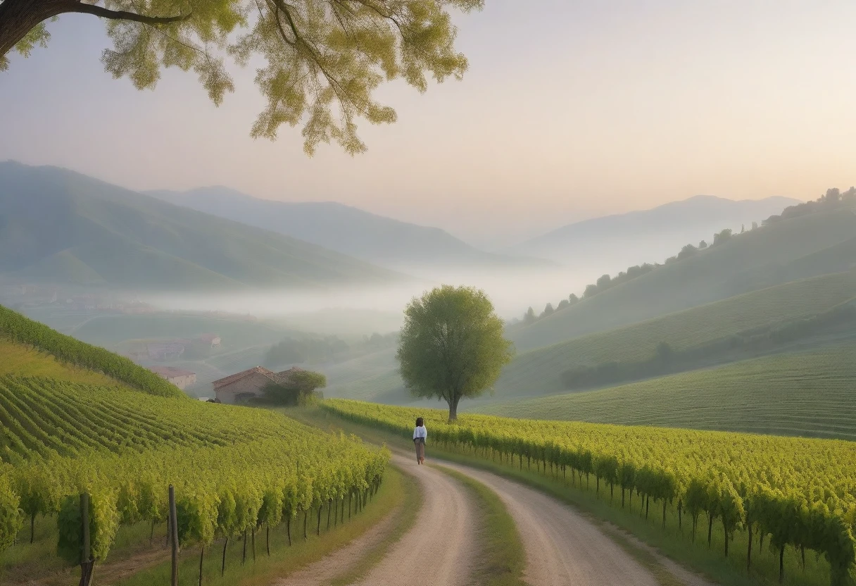 8k best picture quality, Beautiful 36-year-old Korean woman, Chest size 34 inches, northern italy countryside dawn, View of the cathedral next to the vineyards, The back background is realistic and vivid quality., short medium hair, white shirt and cardigan, Wear casual pants, Smile slightly. the background is clear, look up to the side. cottonwood tree-lined hill, Looking at a vineyard covered in thick fog from a curved path