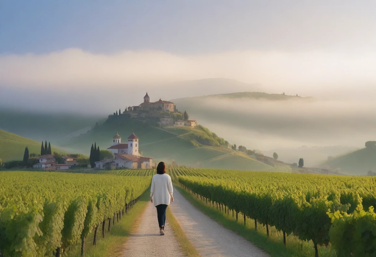 8k best picture quality, Beautiful 36-year-old Korean woman, Chest size 34 inches, northern italy countryside dawn, View of the cathedral next to the vineyards, The back background is realistic and vivid quality., short medium hair, white shirt and cardigan, Wear casual pants, Smile slightly. the background is clear, look up to the side. cottonwood tree-lined hill, Looking at a vineyard covered in thick fog from a curved path