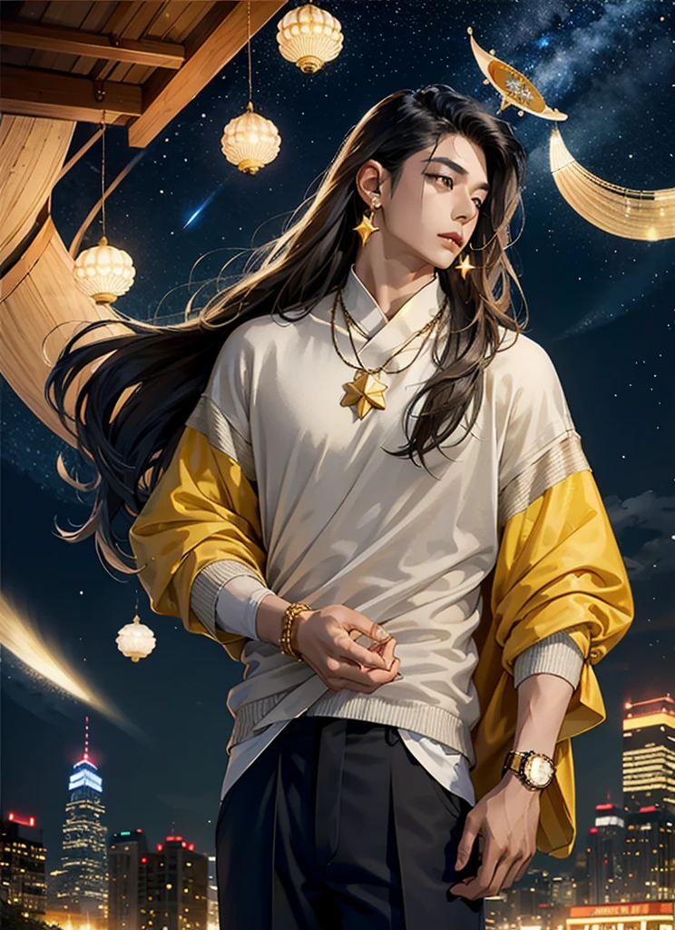 1 boy, asian, long hair, brown, jewelry, holding star fragment, glowing city background, night, yellow exposure, rolex, rings, earrings, looking up, camera angle, star fragment, gentle, grey sweater, open neck, neckalce, attention focus on face, seashells
