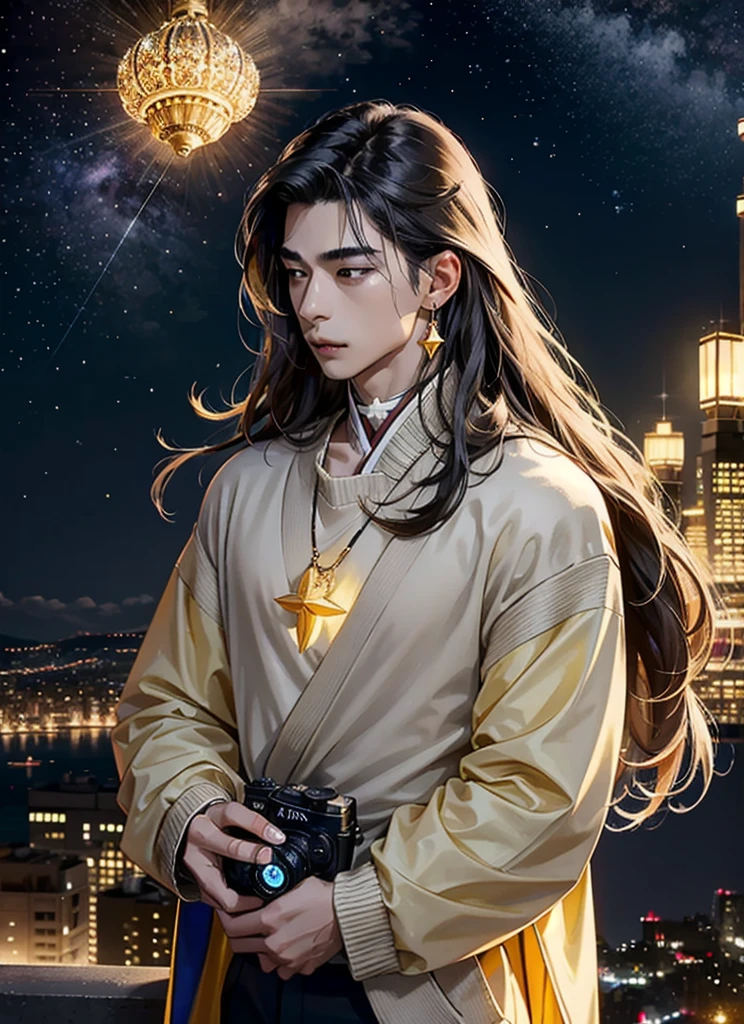 1 boy, asian, long hair, brown, jewelry, holding star fragment, glowing city background, night, yellow exposure, rolex, rings, earrings, looking up, camera angle, star fragment, gentle, grey sweater, open neck, neckalce, attention focus on face, seashells