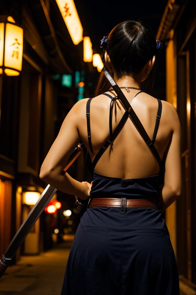 Generates a girl with her back turned with a katana in her hand in a Koreatown at night