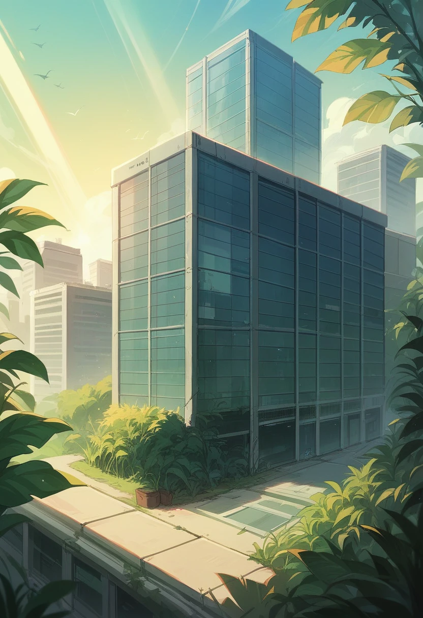 Wide shot of a futuristic school building surrounded by lush greenery, solar panels on the roof, and large windows reflecting sunlight.