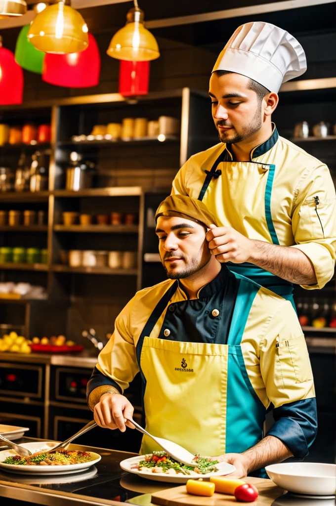 A professional chef with costume cooking in a colorful restaurant