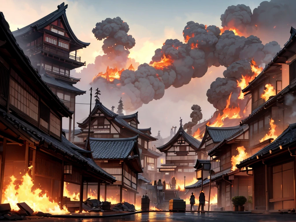 Feudal japanese city in fire and destroied