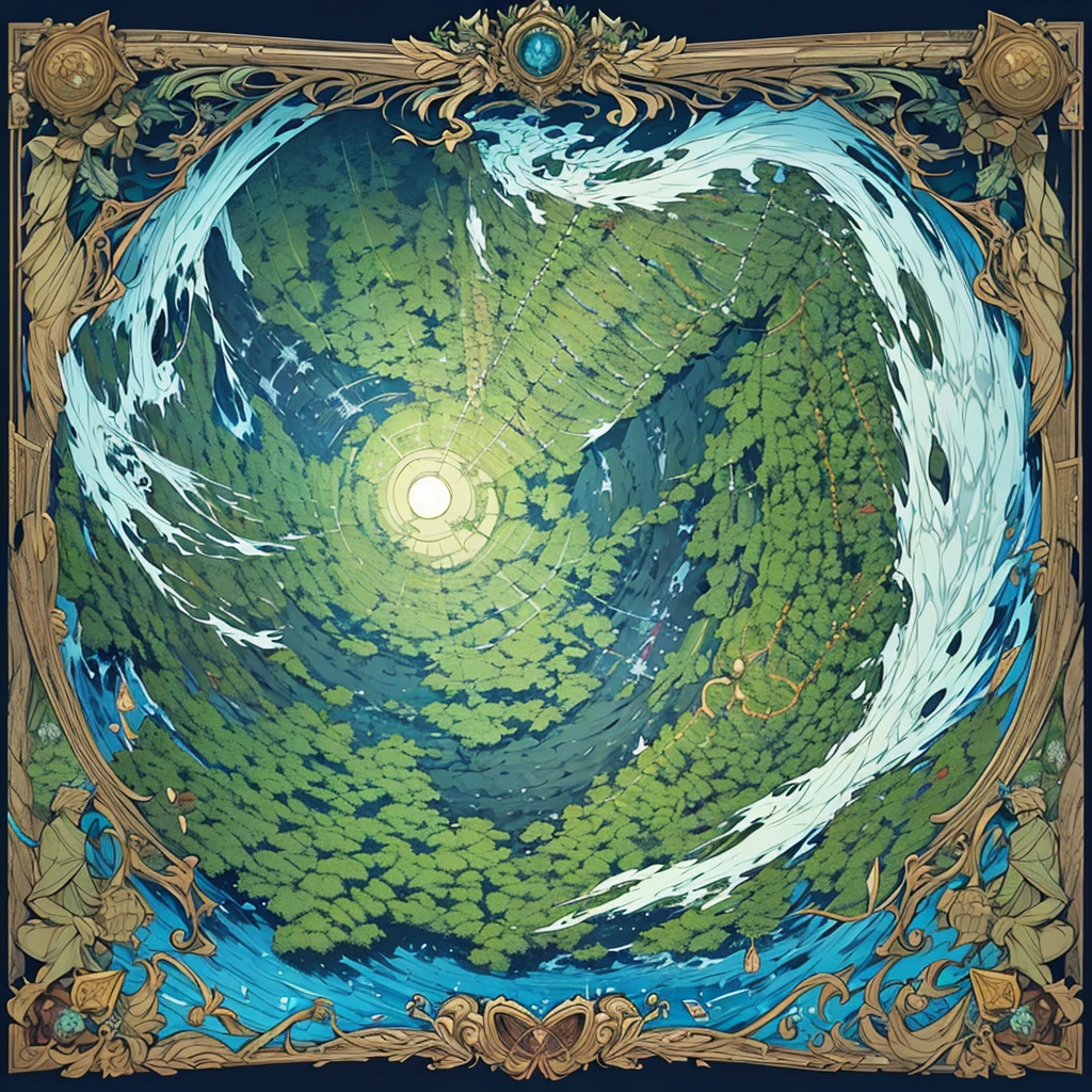 Geographic map of the dark impenetrable forest where monsters live and many wild places, only the brave men who drew the map enter there.The herbalist collects herbs there. The forest itself is shaped like a medium-sized country and does not have straight lines along the contour. It is known that several rivers flow through the forest area., there is a waterfall. The lake, which is also located in the forest, is filled with light., in its center stands a statue of the goddess patroness of magic. The map itself is very ancient and looks like it was drawn by hand., because of this it is more schematic than detailed, traces of inscriptions are visible on it, but they have faded with time