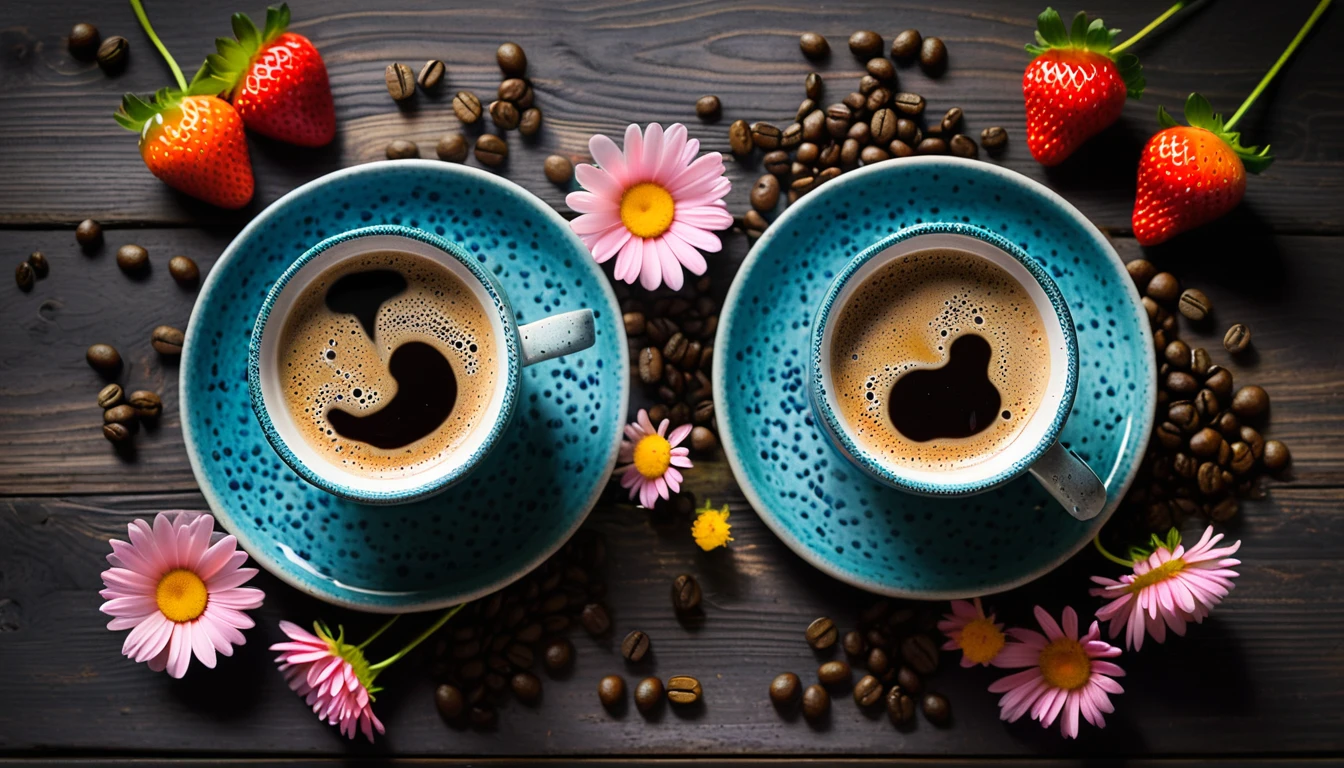 Create an image featuring two rustic blue speckled mugs on saucers, filled with a coffee cup, set on a dark wooden table. Surround the mugs with many vibrant orange and pink daisy-like flowers, some petals scattered. Include fresh strawberries and scattered coffee beans in the composition. The background should have a moody ambiance with teal and blue hues, accentuated by soft lighting that casts a cozy glow over the scene.First person view.