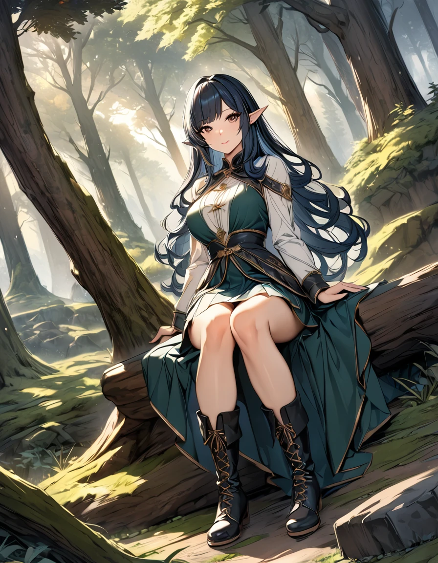 high quality, 4k, 8k, highres, HDR, UHD, masterpiece, ultra-detailed, a beautiful elf woman in a dark fantasy forest, sitting pose, legs toghether, creative angle, mature woman. short skirt, natural clothing, eld boots, extremely detailed face, medium long flowing hair, natural looking hair, rendered hair, dark blue hair, curious expression, sitting under a large tree, anime style, highly detailed, 8k, fantasy art, magical atmosphere, mossy ground, dark setting, demonic forest, dark eyes, rendered eyes, special eyes, pointed ears, detailed dress, intricate details, fantasy landscape, simple background