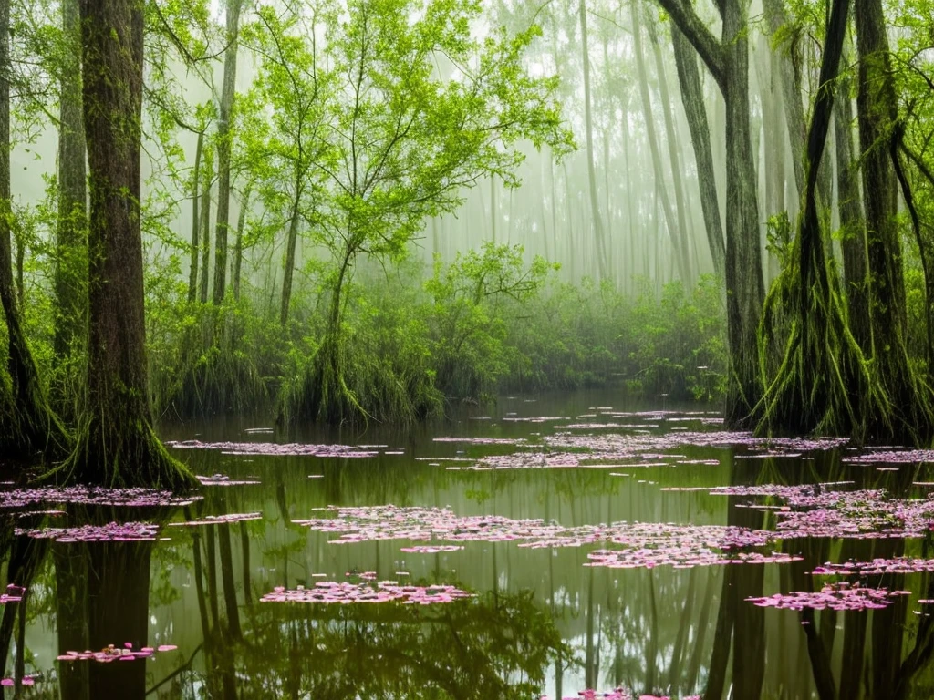 there are many flowers that are growing in the water, a picture by Leland Bell, flickr, romanticism, artistic swamp with mystic fog, misty swamp, located in a swamp at sunrise, scene from louisiana swamps, foggy swamp, in a misty pond, louisiana swamps, mystical forest lagoon, beautiful and mysterious, harmony of swamp, in a foggy pond