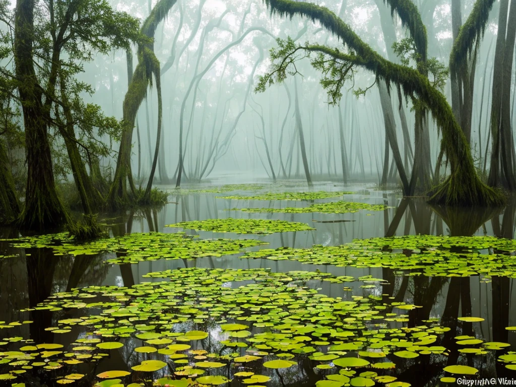 there are many flowers that are growing in the water, artistic swamp with mystic fog, misty swamp, located in a swamp at sunrise, scene from louisiana swamps, foggy swamp, in a misty pond, louisiana swamps, mystical forest lagoon, beautiful and mysterious, harmony of swamp, in a foggy pond, swamp forest, flooded swamp, extremely beautiful and ethereal, bayou