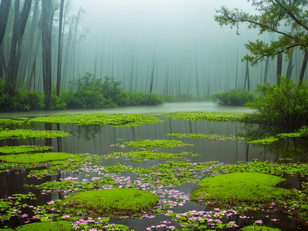 there are many flowers that are growing in the water, a picture by Leland Bell, flickr, romanticism, artistic swamp with mystic fog, misty swamp, located in a swamp at sunrise, scene from louisiana swamps, foggy swamp, in a misty pond, louisiana swamps, mystical forest lagoon, beautiful and mysterious, harmony of swamp, in a foggy pond