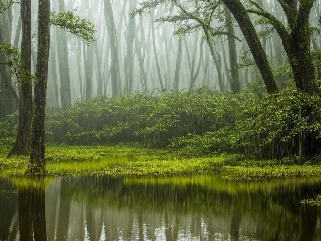there are many flowers that are growing in the water, a picture by Leland Bell, flickr, romanticism, artistic swamp with mystic fog, misty swamp, located in a swamp at sunrise, scene from louisiana swamps, foggy swamp, in a misty pond, louisiana swamps, mystical forest lagoon, beautiful and mysterious, harmony of swamp, in a foggy pond